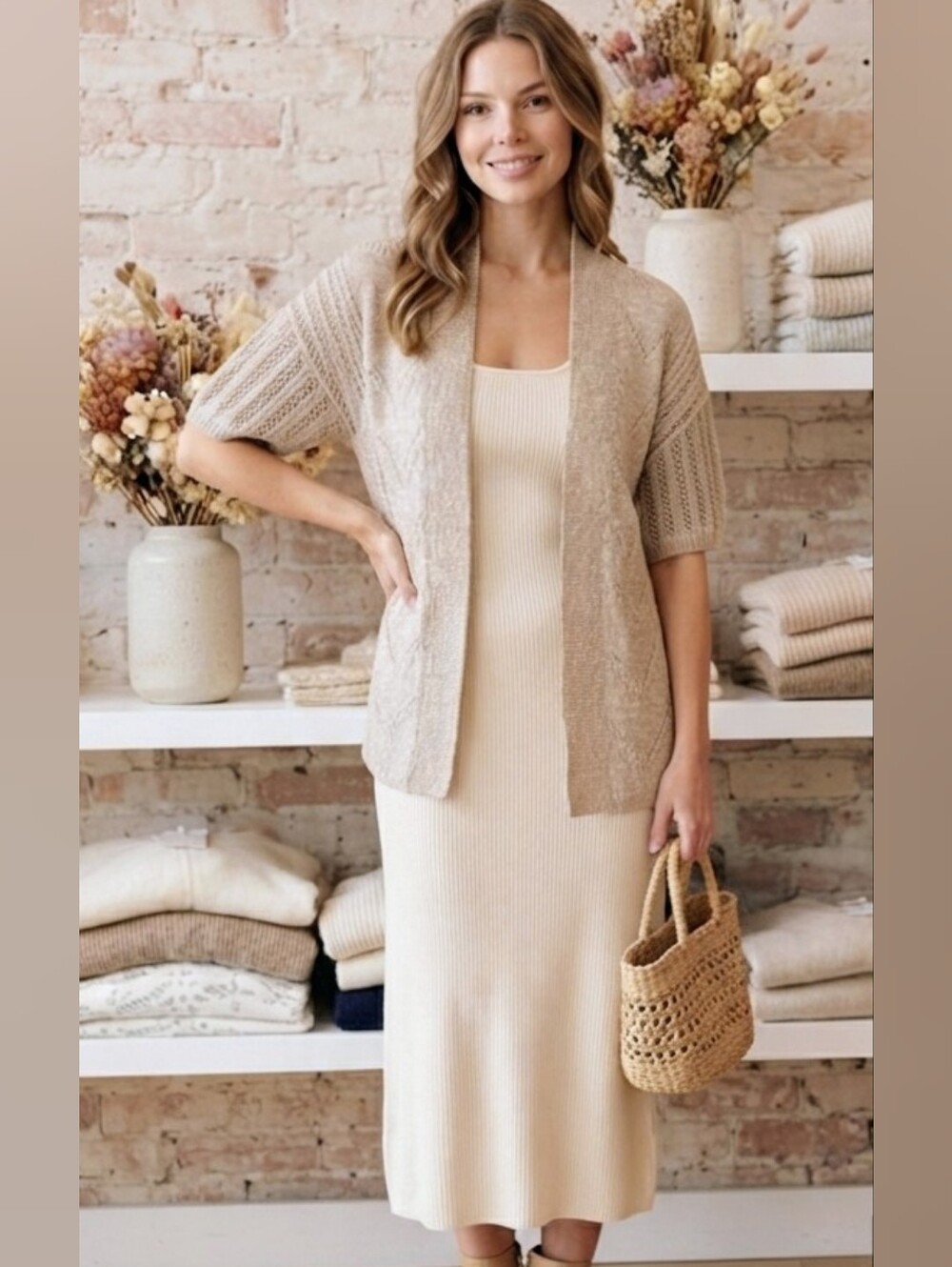 Warehouse One Open Knit Cardigan Sweater Beige Small S NWT